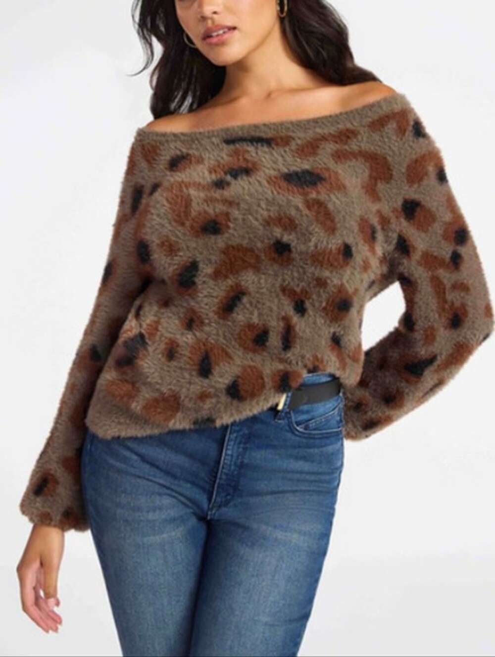 sofia by sofia vergara Brown Leopard Off-the-Shoulder Fuzzy Sweater